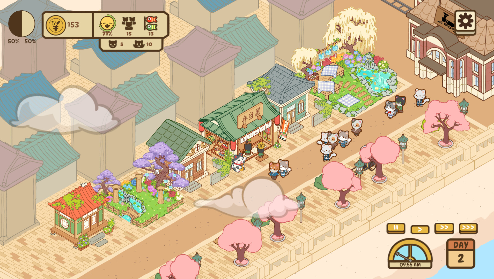 Bustling Meiji street life with feline villagers